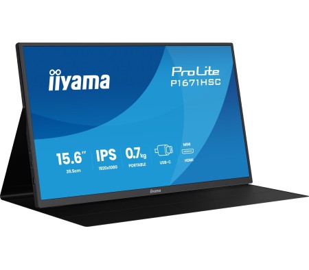Přenosný monitor s USB-C iiyama P1671HSC-B1 15,6″ IPS LED, 2xUSB-C, 1xminiHDMI, reproduktory, kožené pouzdro/stojan