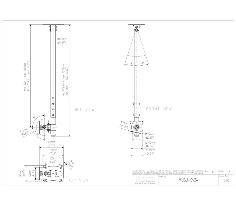 Edbak SV34c-B Výškově nastavitelný stropní držák pro 10-29" obrazovku, černý