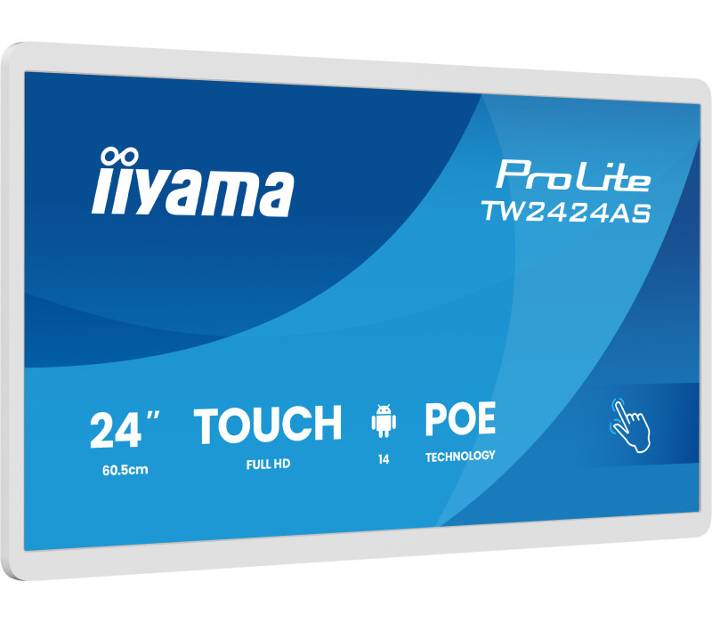 Bílý interaktivní monitor iiyama 24" TW2424AS-W3P FHD, Android 14 s GMS, Wi-Fi, LAN, PoE, iiSignage², 24/7