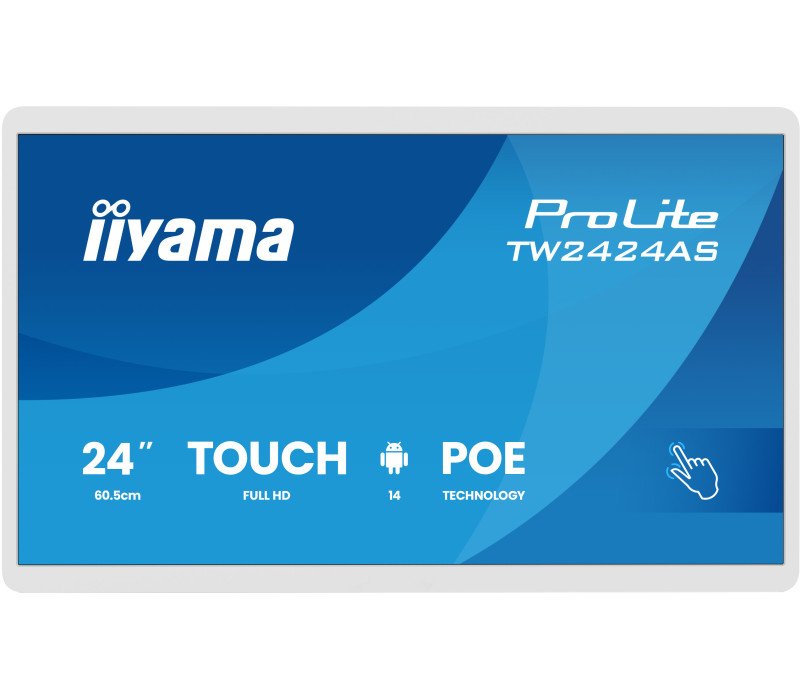 Bílý interaktivní monitor iiyama 24" TW2424AS-W3P FHD, Android 14 s GMS, Wi-Fi, LAN, PoE, iiSignage², 24/7