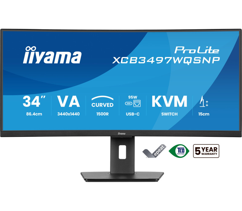 iiyama XCB3497WQSNP-B1 34" zakřivený VA LED UWQHD monitor 0,4 ms 120 Hz, dokovací stanice USB-C, HDMI, DP, LAN, KVM, HAS