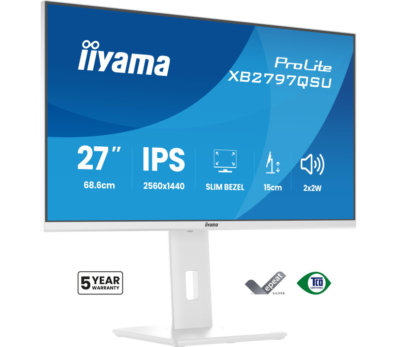 Bílý monitor iiyama ProLite XB2797QSU-W1 27" IPS QHD LED 1ms /HDMI, DP/ FlickerFree, redukce modrého světla, HAS