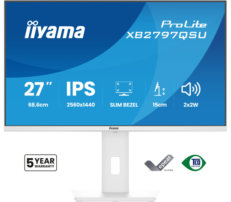 Bílý monitor iiyama ProLite XB2797QSU-W1 27" IPS QHD LED 1ms /HDMI, DP/ FlickerFree, redukce modrého světla, HAS