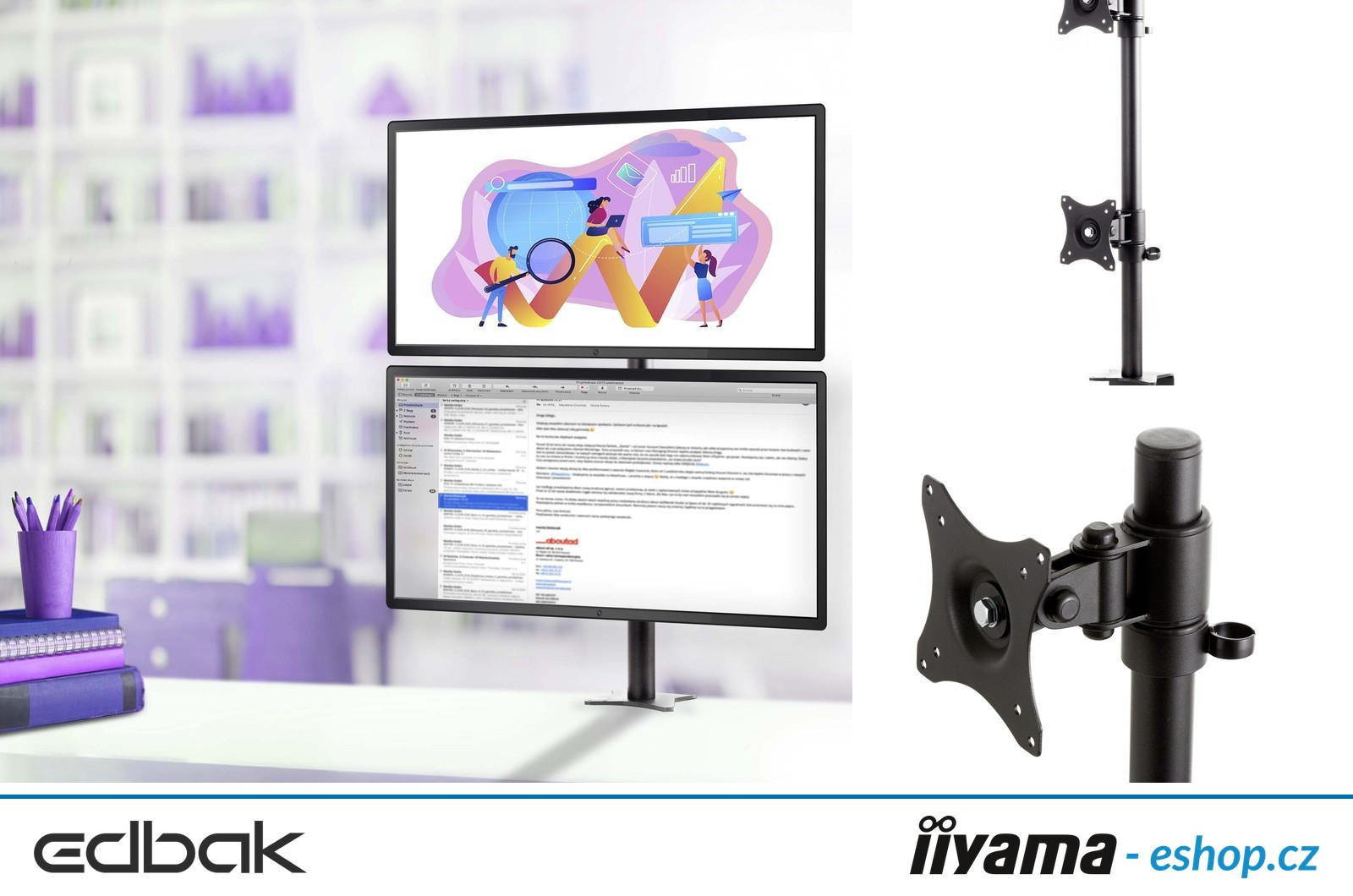 Edbak Uchwyt biurkowy do dwóch monitorów 19"- 27", montaż monitorów jeden nad drugim